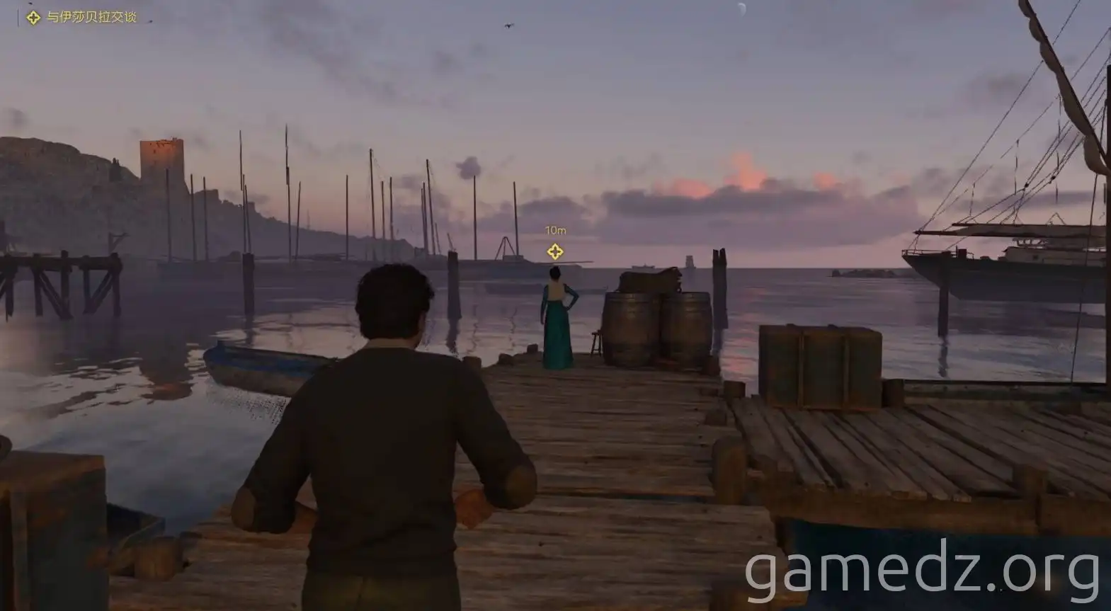 Photograph Isabella Mafia character taking a photo of Isabella at the docks