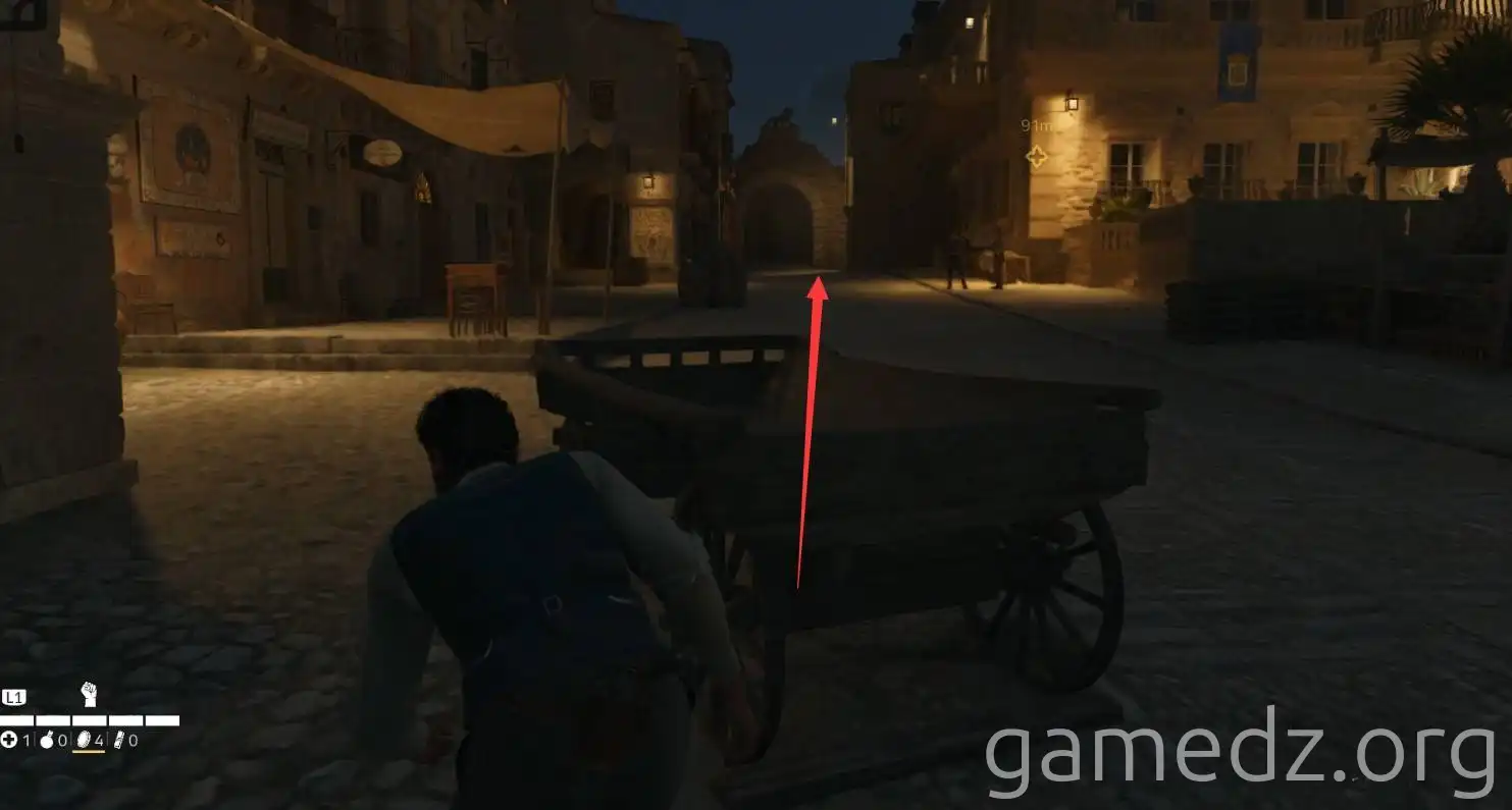 Building Entry A player character finding an entry point on the left side of a building