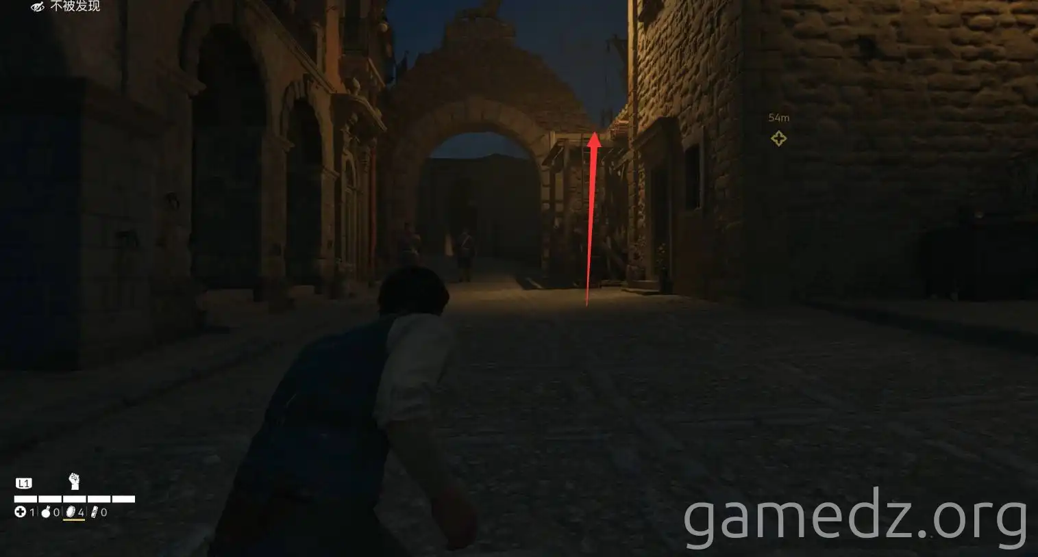 Climbing Ladder A player character climbing a ladder inside a building