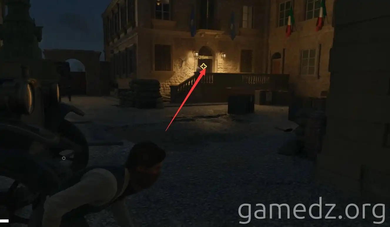 Prison Courtyard Sneak A player character sneaking into a prison courtyard