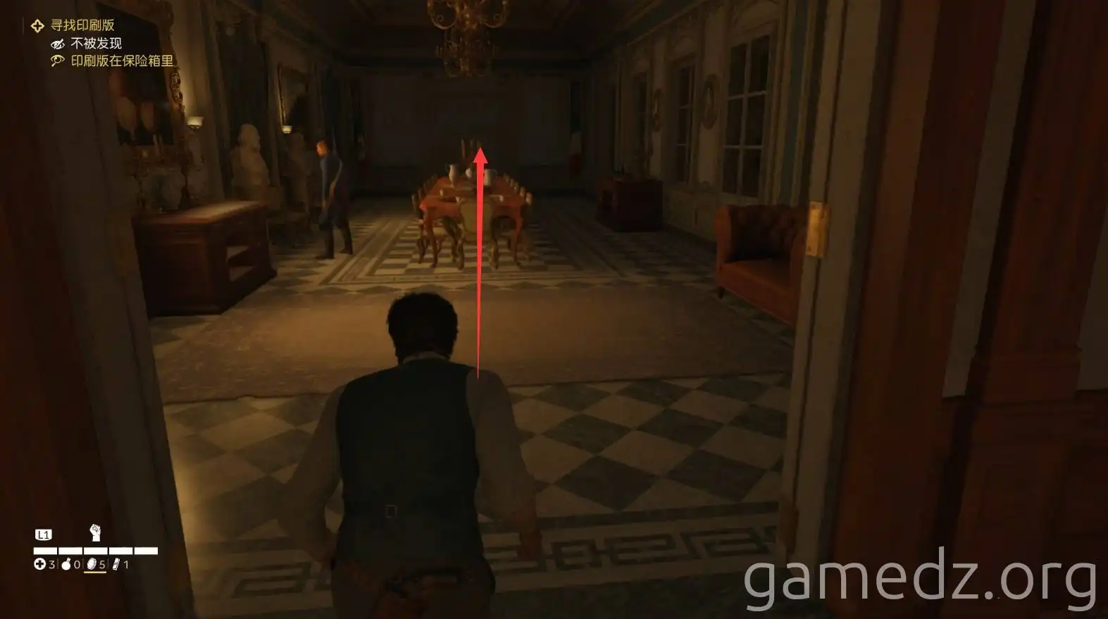 Dining Room to Office A player character moving through a dining room towards an office